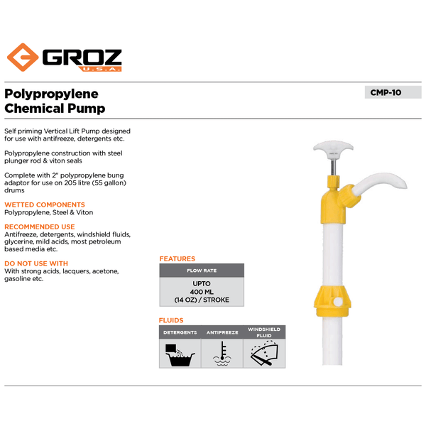 Polypropylene Chemical Pump, for use with 55 Gallon Drums – GROZ USA