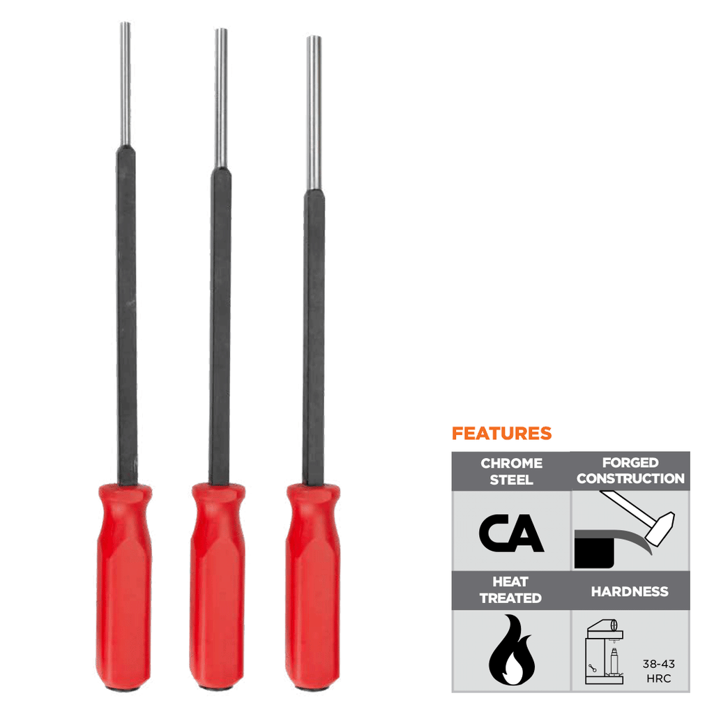 Extended Reach Pin Punches Set - 3pcs, 1/4", 5/16" & 3/8"