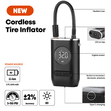 Cordless Tire Inflator, up to 150 PSI, Multiple Pressure Modes