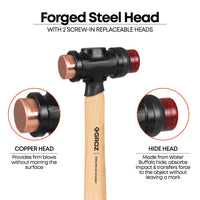 1" Diameter Face Copper and Hide Mallet, 11" Hickory Wood Handle