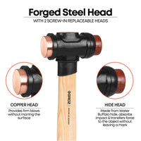 1.5" Diameter Face Copper and Hide Mallet, 11" Hickory Wood Handle