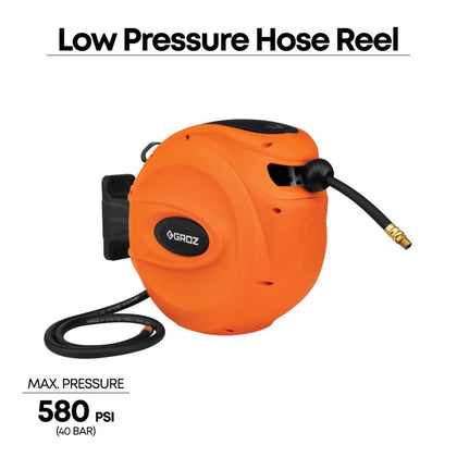 Groz Air and Water Hose Reel, plastic casing, side angle view