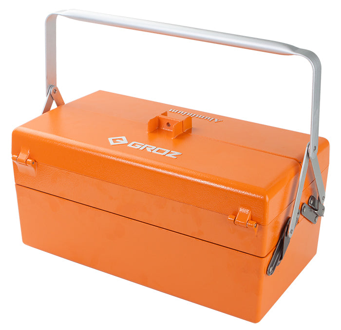 Groz 40004 Cantilever Tool Box, Aluminum, Orange, 18 in W x 9 in D x 9-1/2 in H Groz 40004 Cantilever Tool Box, Aluminum, Orange, 18 in W x 9 in D x 9-1/2 in H