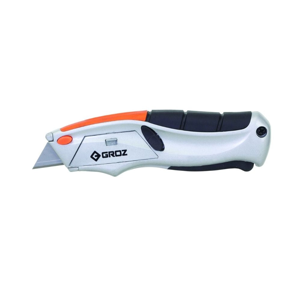 Groz Heavy Duty Retractable Utility Knife | Blade Storage – Holds up to 6 Extra Blades | Quick Release Button to Dispose of Blade | Lightweight Aluminum Body