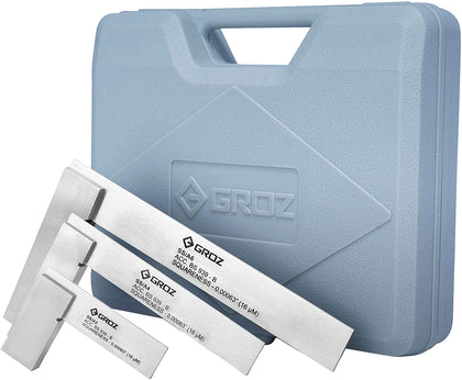 Steel Square Set GROZ 3-Piece Machinist Steel Square Set 16 Micron Squareness| 2”, 4” &  6” Blade Lengths With Plastic Carrying Case