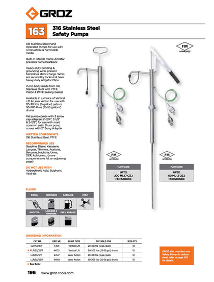 316 Stainless Steel Vertical Lift Pumps, for 5 Gal Pails